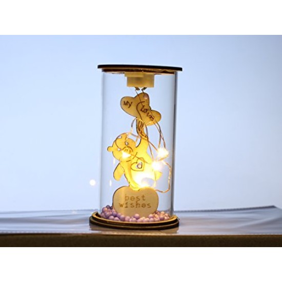 Lilone Gifting Special Wooden Glass Lighting Teddy Best Wishes Decorative Showpiece Statue 