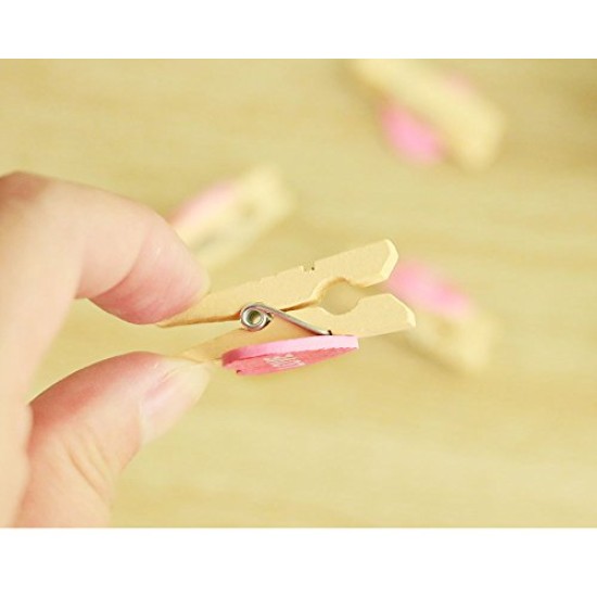 Lilone Wooden Mini Heart Shaped Photo Clips with Rope (Multicolour) - Pack of 10 Pieces