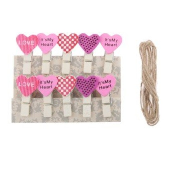 Lilone Wooden Mini Heart Shaped Photo Clips with Rope (Multicolour) - Pack of 10 Pieces