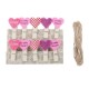 Lilone Wooden Mini Heart Shaped Photo Clips with Rope (Multicolour) - Pack of 10 Pieces