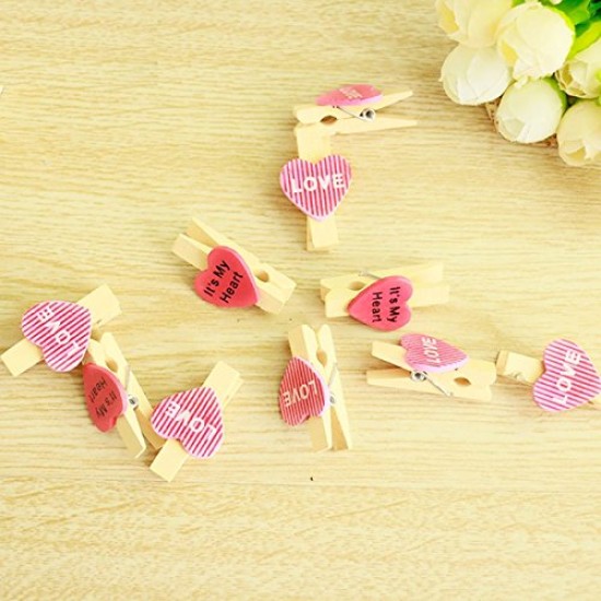 Lilone Wooden Mini Heart Shaped Photo Clips with Rope (Multicolour) - Pack of 10 Pieces