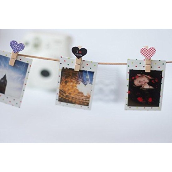 Lilone Wooden Mini Heart Shaped Photo Clips with Rope (Multicolour) - Pack of 10 Pieces