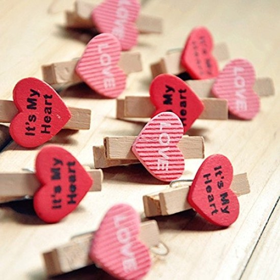 Lilone Wooden Mini Heart Shaped Photo Clips with Rope (Multicolour) - Pack of 10 Pieces