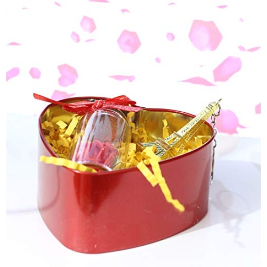 Lilone Rose Message Bottle with Eiffel Tower Key-Chain in Decorative Red Heart Box 