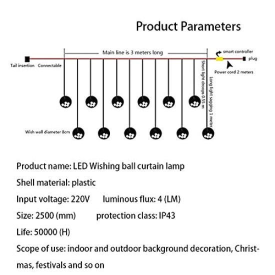 AtneP Globe 108LED Wishing Ball Curtain Light Fairy String Rice Lights with 8 Flash Modes 