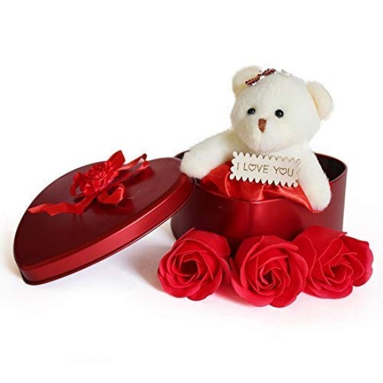 Lilone Decorative Heart Shape Box with Cute Teddy Bear and Soap Roses